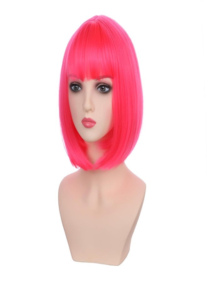 DUDUWIG Kid Hot Pink Wig Girls Short Rose Red Straight Wig Child Neon Pink Wigs with Bangs Hairnet Include - Image 2